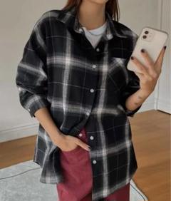 チェック 長袖 シャツ 上着 ブラック 韓国 ストリート オーバーサイズ 赤