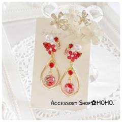 フラワー♡ビジュー・:*花柄ガラス玉♡フープ.ハンドメイドピアスorイヤリング♡