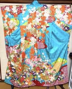 ずっと気になってた エメラルドブルー 吉祥花々柄 メルカリ - 身丈160 振袖 着物・浴衣