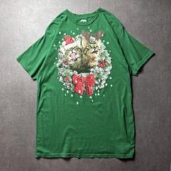 クリスマスTシャツ アニマル　猫　動物　ホリデー　サンタ　トナカイ　緑　L