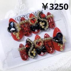 ネイルチップ　量産型地雷系ゴシック　ツイード派手黒赤ゴテゴテギャル　推し現場 ネイルチップ 量産型地雷系ゴシック ツイード派手黒赤ゴテゴテ