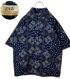ZARAザラ ネイビーペイズリー総柄半袖シャツ コットン100%素材ビッグサイズ