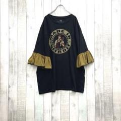 古着　プリント　デザイン　tシャツ フリル　リメイク　袖太 リメイク❣フリル袖プリントTシャツ半袖ショート丈ブラック