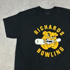 ボーリングのピンを噛み切るブルドック　イラスト　半袖Tシャツ　古着　黒　L