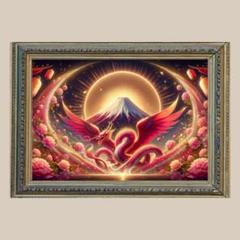 開運•風水•絵画風•ヒーリングアート】✨赤富士と桃龍✨No.6