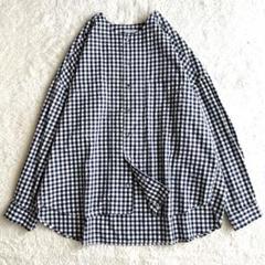 極美品＊アピースオブライブラリ バンドカラーストライプブラウス 麻100 ブルー 11004705218202360001?$VS_1500$