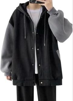 新品　パーカー メンズ スウェット フード 上着 前開き ボタン 黒