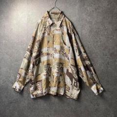 vintage 長袖シャツ　柄シャツ　総柄　アート　光沢　ザラ感　古着　レトロ
