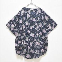 ライフスタイル 花柄 シャツ 半袖 ネイビー M〜L 綿100p%
