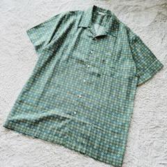 【ヴィンテージ】半袖 レーヨン シャツ 総柄 M グリーン 90s 開衿 昭和
