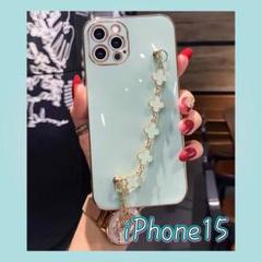 iPhone 15 グリーン 花 チェーン スマホケース 大人可愛い