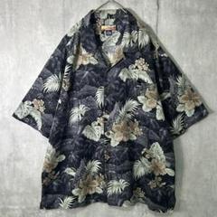 高級 シルク 総柄 アロハシャツ 黒 オープンカラー 絹 開襟