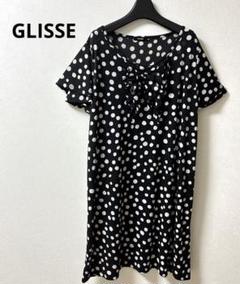 GLISSEドット柄半袖ワンピースブラック/ホワイトフリル付きゆったりLL