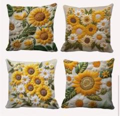 ☆☆☆【クッションカバー】【4枚セット】ひまわりとデイジー 刺繍風プリント