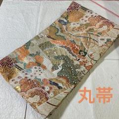 アンティーク 丸帯 正絹 両面全通 金糸 御所車鼓笙唐花織刺繍文 アンティーク 丸帯 正絹 両面全通 金糸 御所車鼓笙唐花織刺繍文