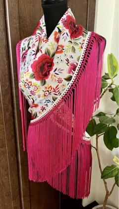 フラメンコ マントンシージョ ホワイトxマントン風花柄 フクシアピンクフレコ フラメンコ マントンシージョ ホワイトxマントン風花柄 フクシア