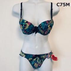 【stir】花柄 シフォン モールドカップ ブラ＆ショーツ★ブルー C75M