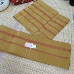 仕立て上がり黄土色 ストライプ 半幅帯 帯留め付き