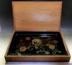 硯蓋○鶴花唐草紋黒塗り盆 螺鈿 蒔絵 角廣蓋 木製漆器(明治期