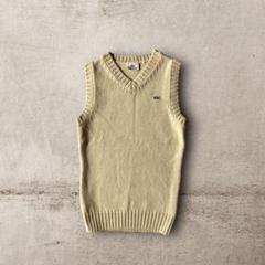 LACOSTE ニットベストVネックケーブルウールマーク毛100%アースカラー