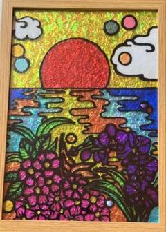 花と夕陽開運絵画ステンドグラスガラス絵の具金運イラストアート赤富士山沖縄犬猫花龍