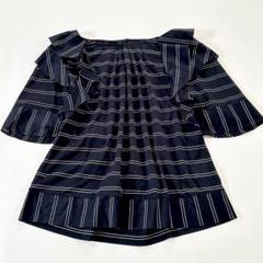 美品 TO BE CHIC フリルブラウス トップス 半袖 ボーダー ネイビー