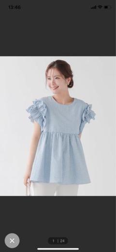 新品タグ付】袖フリルギンガムペプラムブラウス