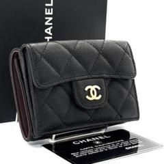 未使用級◆CHANEL 三つ折り財布 キャビアスキン マトラッセ ブラック