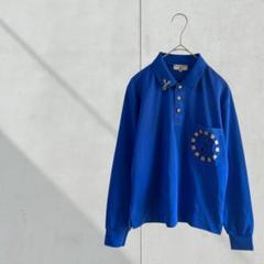 3447【エムユースポーツ】ポロシャツ　長袖　刺繍　ゴルフウェア　青　Ｍ