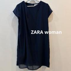 ZARA WOMAN ザラ ひざ丈 半袖 ワンピース M レース ネイビー