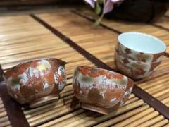 明治期 九谷焼 細密金彩色絵『七福神物語文』煎茶碗(六客) 素晴らしい絵付け 九谷焼 古九谷 赤絵 漢詩花蝶文 煎茶碗 角福銘 五客 時代箱付 D