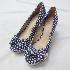 トリーバーチ黒 リボン付きオープントゥウェッジヒール Tory Burch ドット柄 リボン オープントゥ ウェッジ パンプス