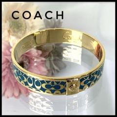 コーチ シグネチャー バングル ブレスレット メタル ブルー ゴールドカラー