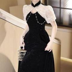 お花のレースのパフスリーブが可愛く パール付き ロングドレス