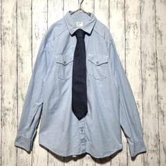 古着　デニム風　ネクタイシャツ　カジュアルシャツ　スナップボタン　L 水色