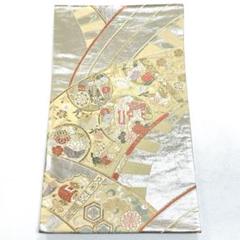 袋帯 雪輪に花模様 宝尽くし 横縞模様 錫紵色 金銀糸 O-4787