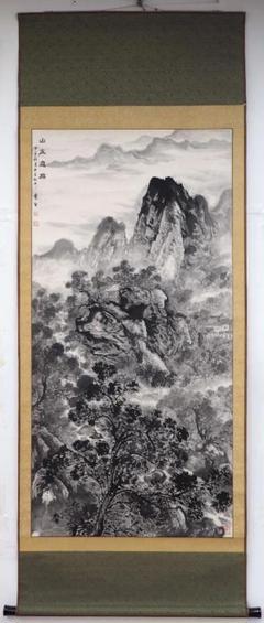 民国　清　羅壑居士 「山水」 掛軸（紙本）墨彩　インテリア　中国　山水 民国 清 羅壑居士 「山水」 掛軸（紙本）墨彩 インテリア 中国
