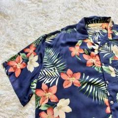 アロハシャツ 紺 ネイビー ハイビスカス リーフ 葉 花 カリビアンブルース