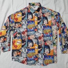 アメリカン　コミック　メンズ総柄長袖シャツ　Lサイズ　中古品