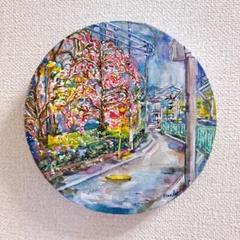 水彩画 桜の風景 円形アート　イラスト　絵画