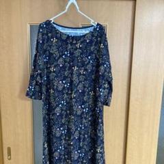 ネイビー 花柄 七分袖 ワンピース