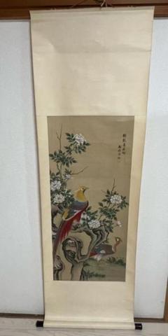 水墨肉筆　錦鶏花葉太湖石図　南田沈銓 掛軸 中国美術(Y-12) 水墨肉筆 錦鶏花葉太湖石図 南田沈銓 掛軸 中国美術(Y-12