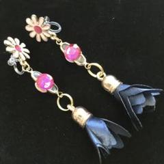 青いタッセルとビジューイヤリング(ノンホールピアス)☆マスクチャームに加工可能