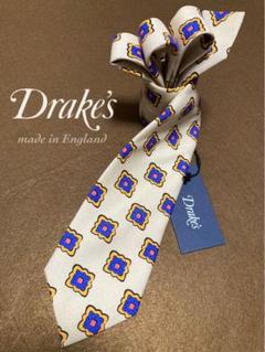 【新品】Drake's／ドレイクス／小紋柄／スクエア／ベージュ／プリントタイ 新品】Drake's／ドレイクス／小紋柄／スクエア／ベージュ