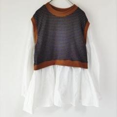 〈Lutique〉重ね着風シャツ　白✕茶　長袖　ベスト　チュニック丈　М