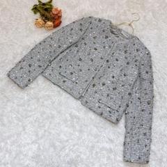 ZARA ツイード ノーカラー ジャケット　スパンコール ビジュー Sサイズ 即日発送】ZARA ノーカラーツイードジャケット Sサイズ ザラ