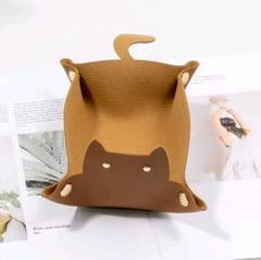 猫 レザー 小物入れ トレイ アクセサリートレー 鍵置き 小物収納 ギフト 黒