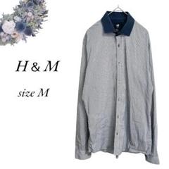 H&M 長袖シャツ M チェック 白 ネイビー ビジネス 通勤 オシャレ3856