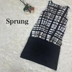 【sprung】ミニワンピース　ノースリーブ　黒　お呼ばれ　ドレス　チェック柄