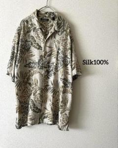 美色✨silk100%総柄シャツ　トロピカル　アロハ　植物　アースカラー　シルク